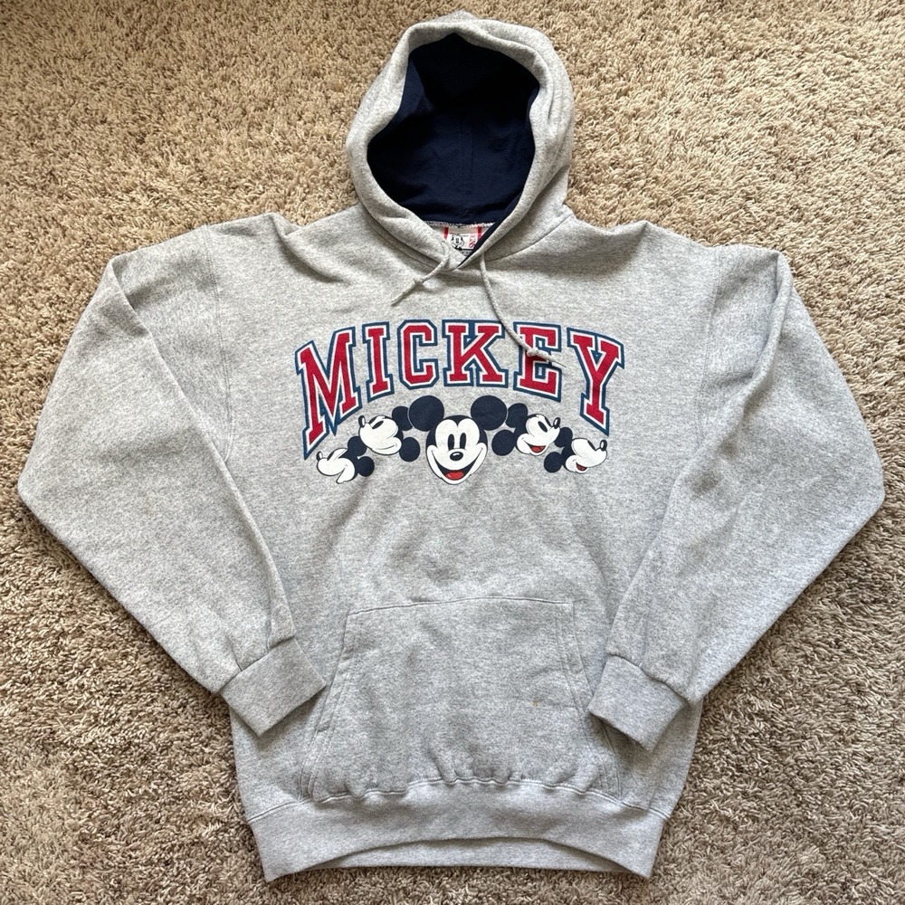 Vintage 90s Mickey Mouse Hoodie Disney Designs Spell Out Gray Made in USA Medium